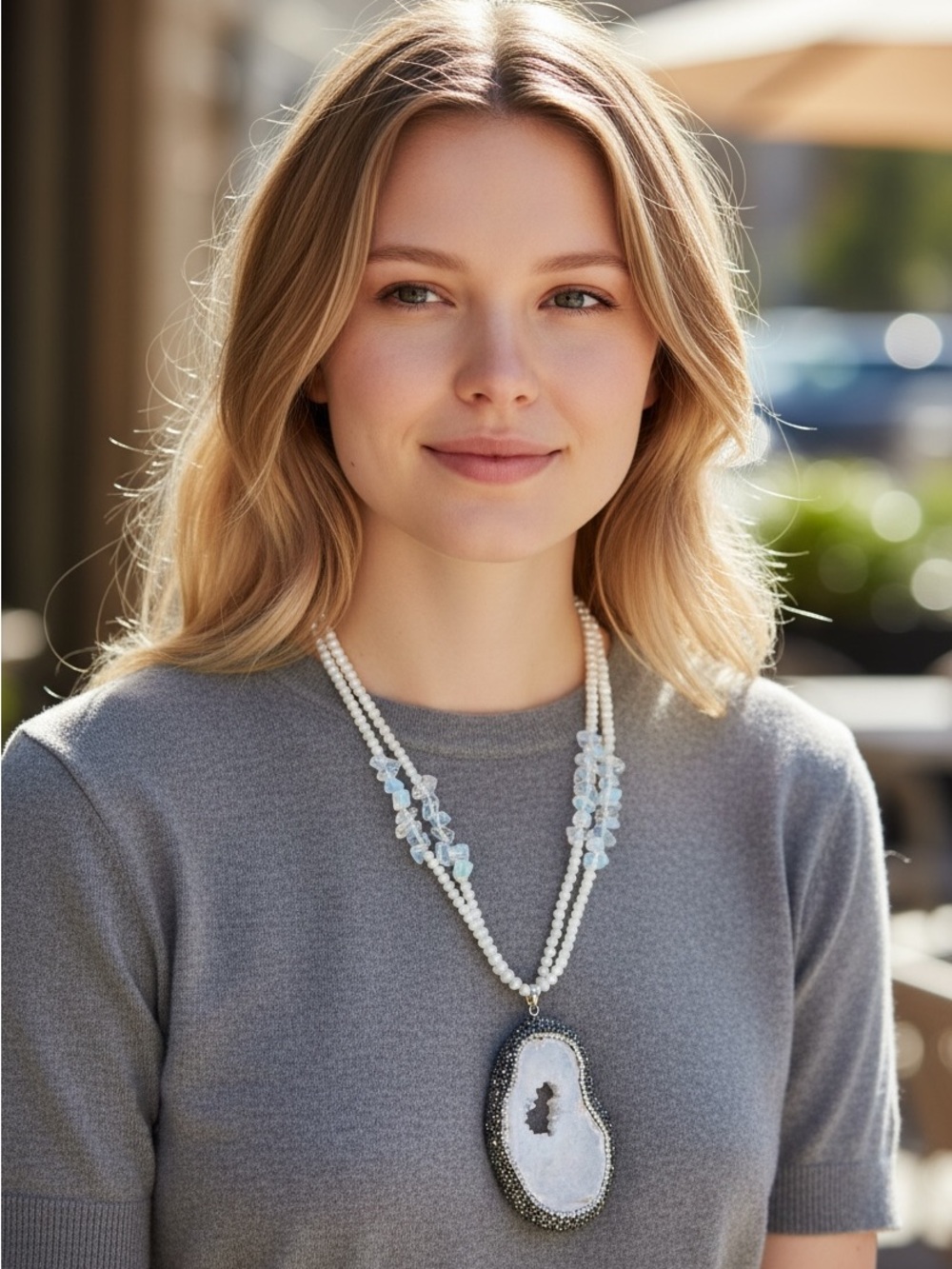 Druzy Geode Slice Pendant Necklace w/ Opalite & Quartz Chip Beads
